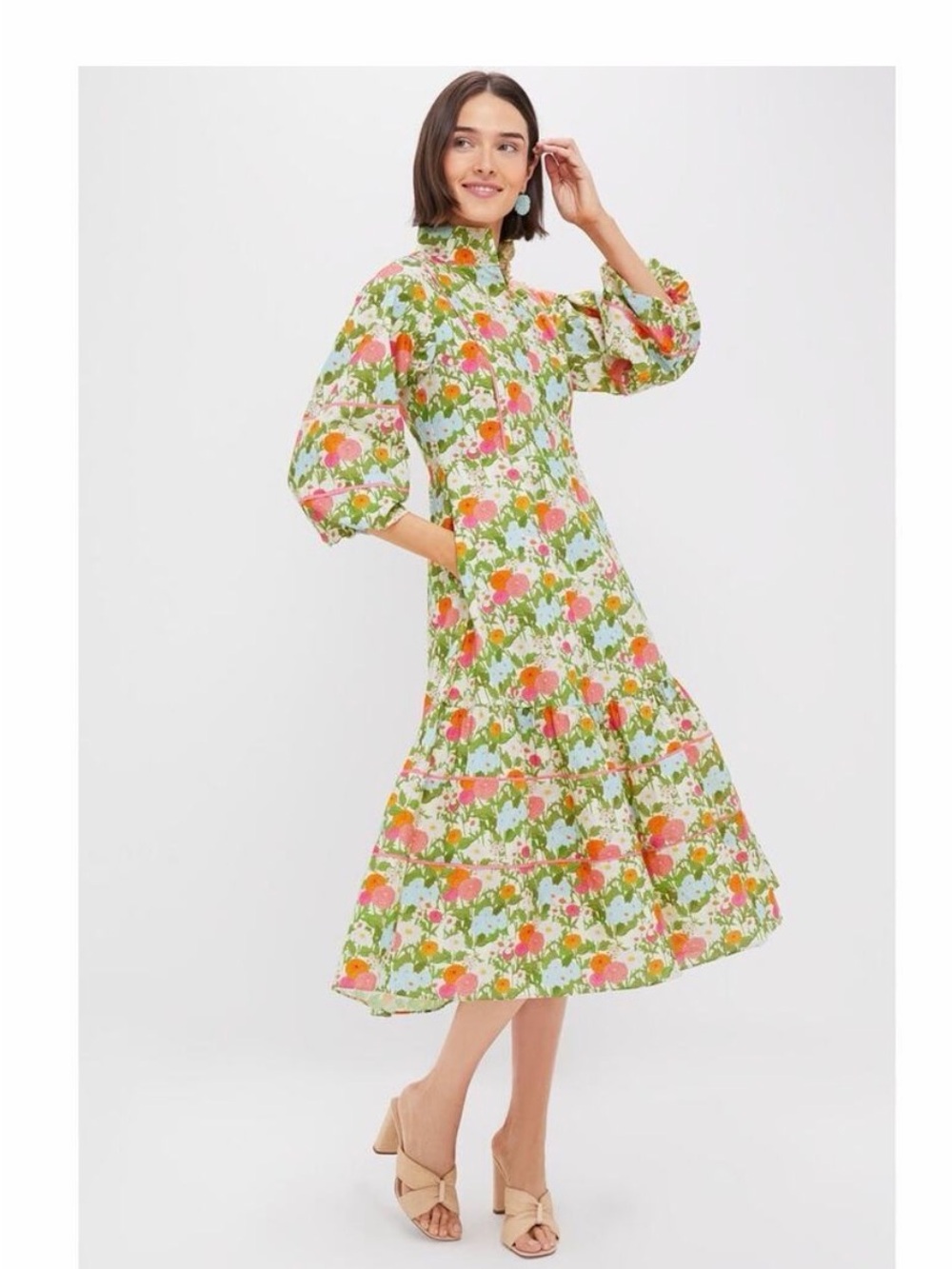 Floral High-Neck Midi Dress with Puff Sleeves in Green and Pink